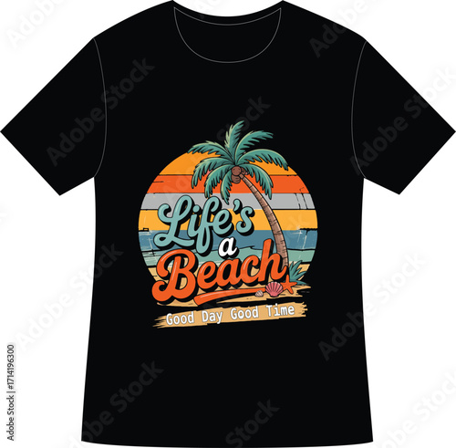 Stylish summer vibes only T-shirt design concept with a black vector illustration of a blank cotton apparel template for men's fashion print 