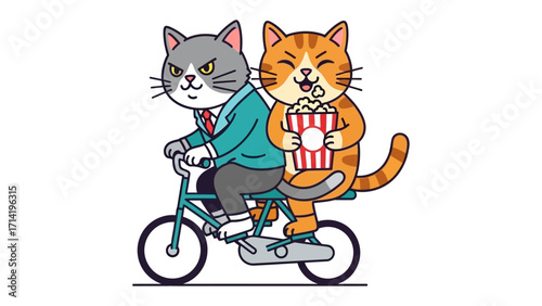 A Cat-Tastic Bike Ride: Two anthropomorphic cats are depicted embarking on a delightful bicycle journey, one steering and the other snacking on popcorn, embodying a spirited, playful atmosphere.