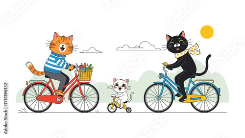 Cats on Bikes: A charming cartoon illustration of a feline family cycling along, celebrating the joy of shared adventures. A vibrant scene of togetherness and playful activity.