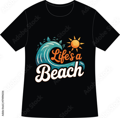 Stylish summer vibes only T-shirt design concept with a black vector illustration of a blank cotton apparel template for men's fashion print 