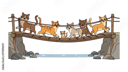 Cat's Bridge Adventure: A charming illustration showcases a group of playful cats confidently crossing a wooden bridge, creating a scene of unity and camaraderie amidst a serene landscape.