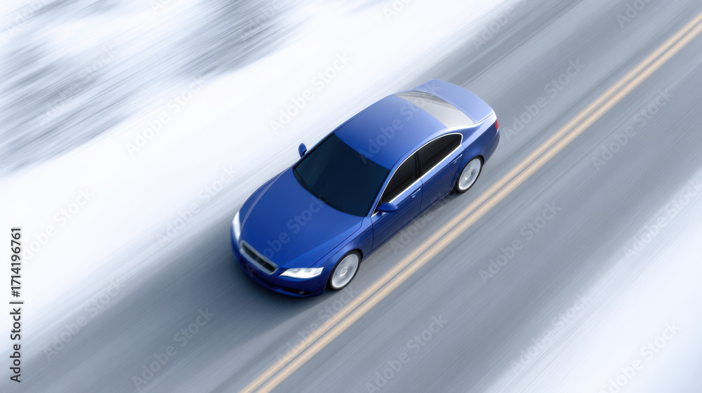 Naklejka premium Blue car driving on snowy road with advice for driver to stay safe in winter conditions