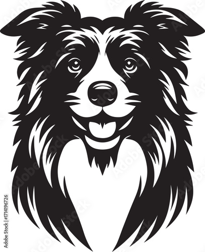 Border Collie Dog Vector Illustration, Black and White Silhouette, Pet Animal Design