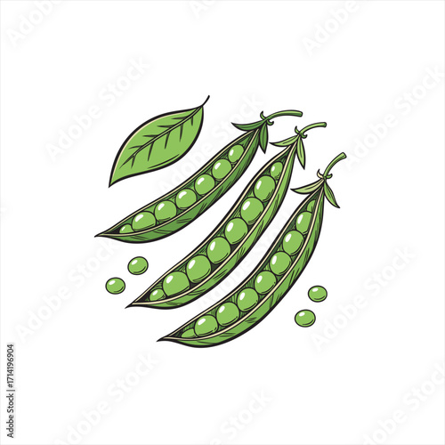 Fresh green peas in pods with a leaf and scattered peas