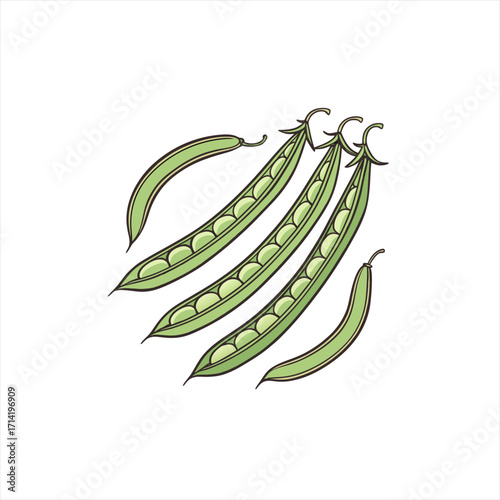 Illustration of fresh green peas in pods on a white background