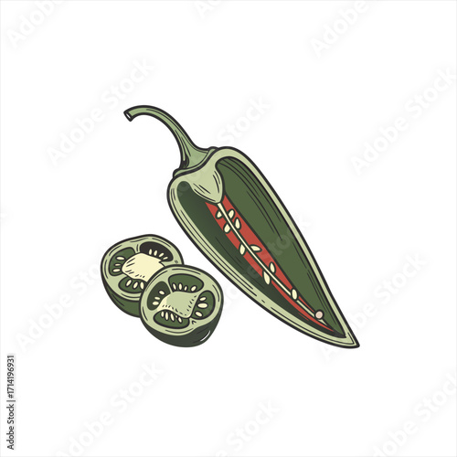 Hand drawn illustration of a halved jalapeno pepper and slices