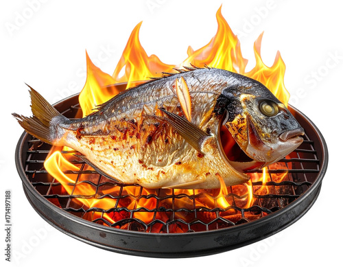  Dorado Fish on Fire Grill – Side Perspective Cooking Concept