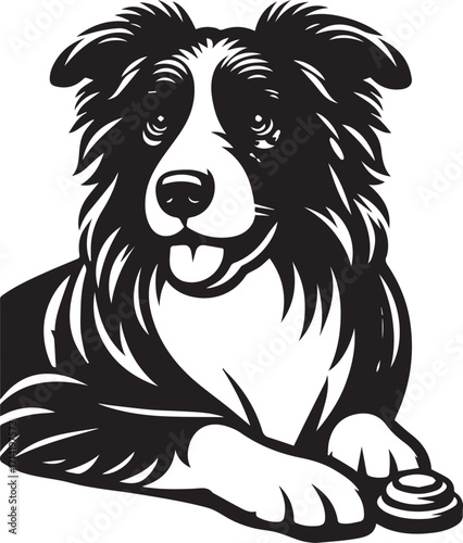 Border Collie Dog Vector Illustration, Black and White Silhouette, Pet Animal Design