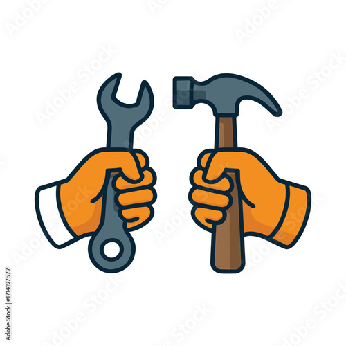 Hands holding tools for repair and construction