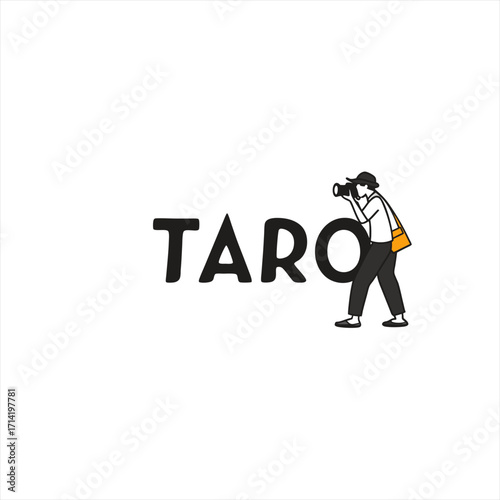 Cartoon photographer taking a picture next to the word taro