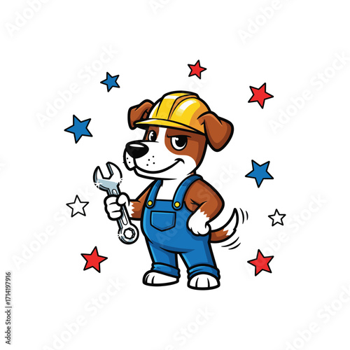 Cartoon dog mechanic wearing overalls and hard hat holding a wrench