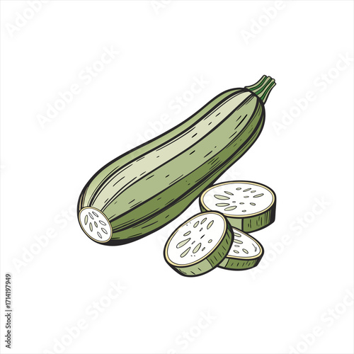 Hand drawn illustration of a whole zucchini and sliced zucchini on white background