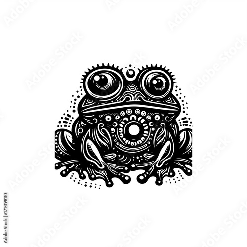Intricate black and white frog illustration with mandala like details