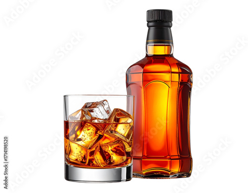 Whiskey Bottle and Glass – Side Perspective Display