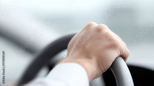 Driving advice concept with close up of male hand gripping steering wheel inside car cabin on blurred background
