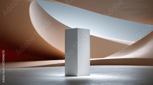 White rectangular monolith stands in modern abstract architecture, soft curves and natural light create serene atmosphere