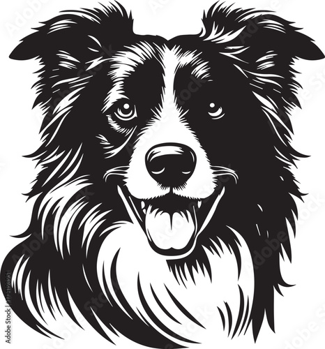 Border Collie Dog Vector Illustration, Black and White Silhouette, Pet Animal Design