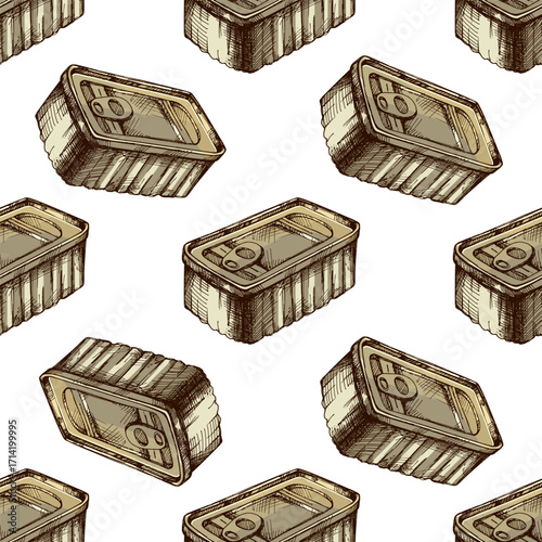 Hand drawn vintage seamless pattern of metal food can with pull tab lid in rustic engraving style