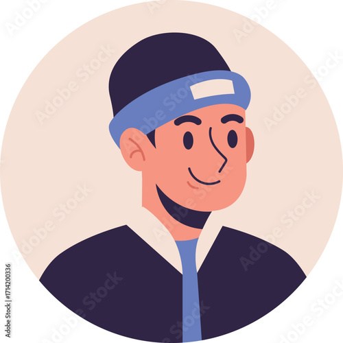 Cartoon Man with Beanie and Jacket Smiling Portrait Illustration.