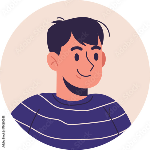Cartoon Man Portrait Smiling with Dark Hair and Striped Blue Shirt Illustration.