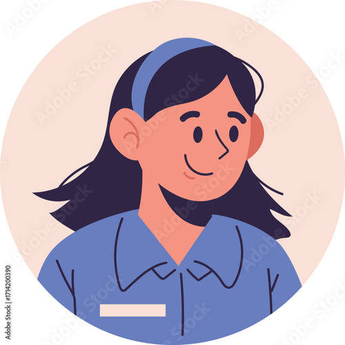 Cartoon Woman with Dark Hair Blue Headband and Blue Shirt Illustration.
