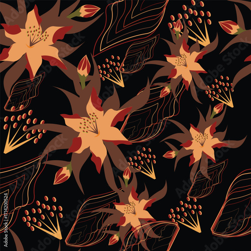 Print Autumn floral pattern stylized leaves fall foliage with vibrant leaves seasonal themed background illustration  wrapping paper, textiles, fabric, card, backgrounds, seasonal products, stroy,