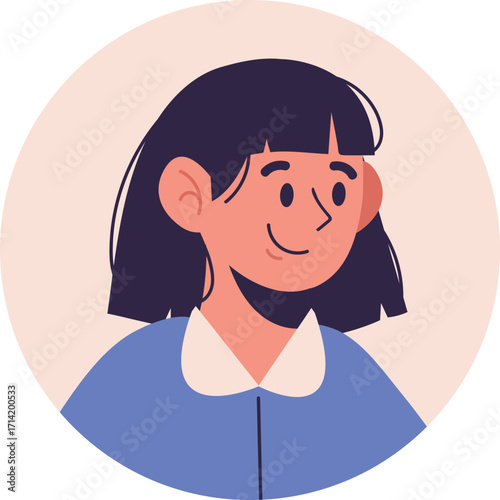 Smiling flat design young woman with dark bob hair bangs and blue collared shirt.
