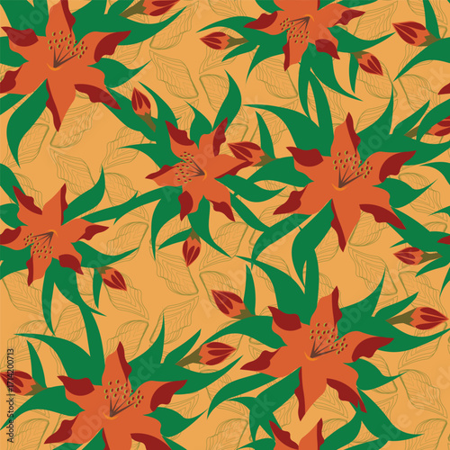 Print Autumn floral pattern stylized leaves fall foliage with vibrant leaves seasonal themed background illustration  wrapping paper, textiles, fabric, card, backgrounds, seasonal products, stroy,