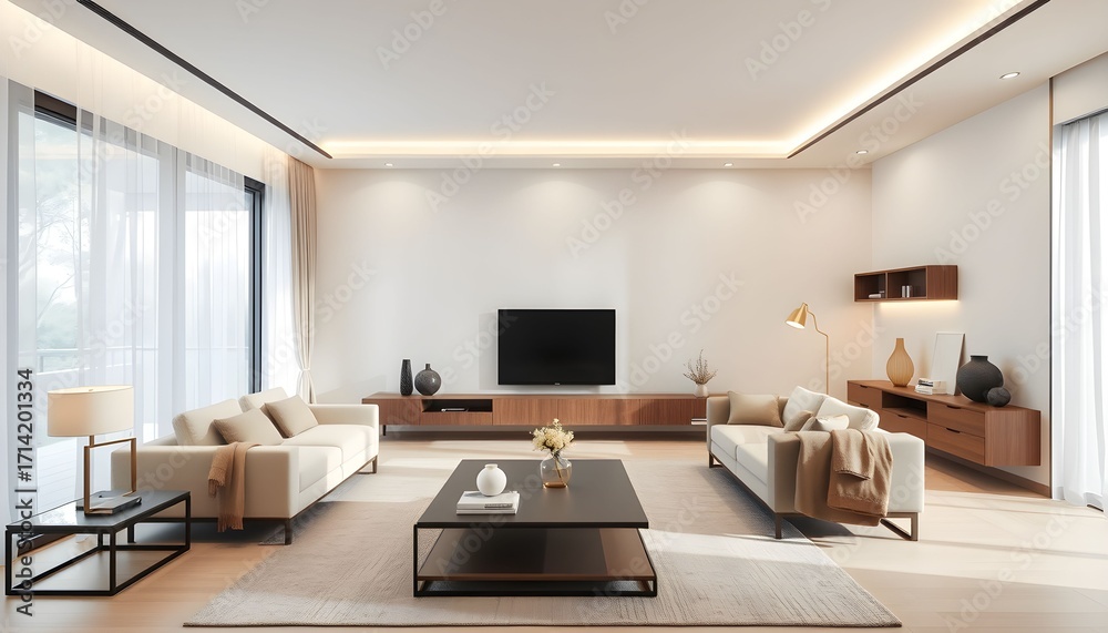 Fototapeta premium Bright and spacious living room featuring two sofas, a coffee table, a television, and large windows with sheer curtains.