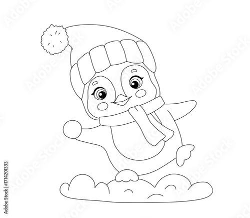 Cute baby penguin playing snowballs in snow, animal in hat and scarf, winter activity, online illustration for coloring page