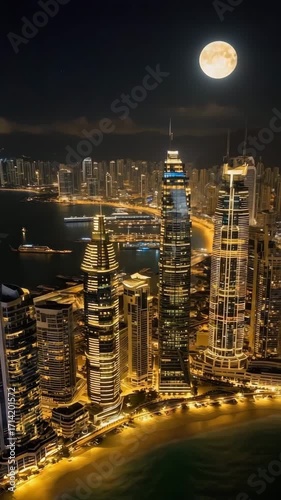 Night drone view of city lights near coast