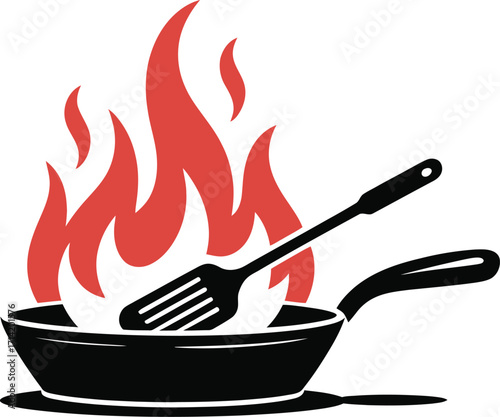 Frying pan with flames and spatula, a cooking logo design. A simple, stylized illustration of a frying pan with flames rising above it, and a spatula resting on top.