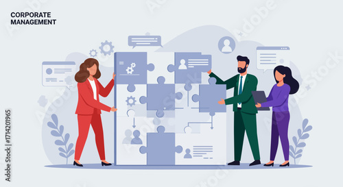 Collaborative team building concept with diverse business professionals solving puzzle