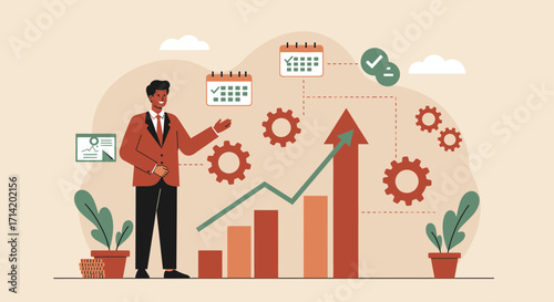 Business growth strategy with charts and statistics in a modern flat design