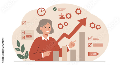 Business growth success with professional woman and rising graph in office environment