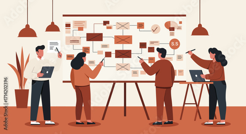 Diverse team collaborating on project plan in modern office