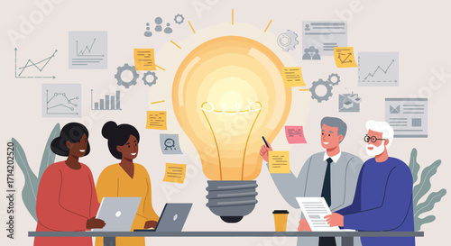 Creative team collaboration meeting with bright idea concept in office setting