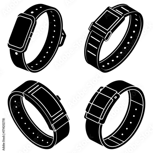 Four black wristbands with different styles and designs arranged in a square format on white background