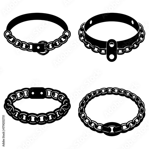 Illustration showcasing four distinct black and white chain collars with varying designs and fastening styles