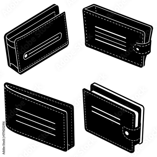 Isometric illustration showcasing four distinct black wallets with varied designs and orientations shown clearly
