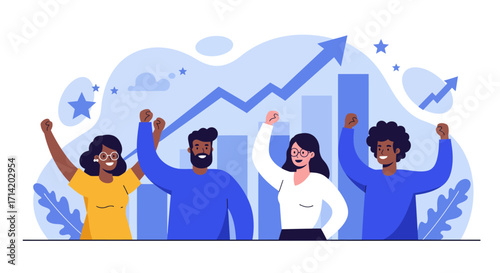 Diverse team celebrating success with rising graph in background