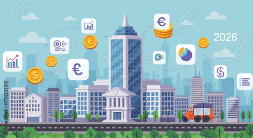 Futuristic urban economy with currency and finance icons in flat design