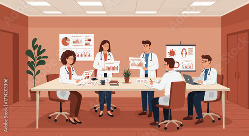 Healthcare professionals collaborating in modern office environment with charts and laptops