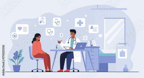 Medical consultation scene with doctor and patient in modern clinical setting