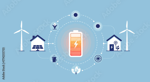 Renewable energy ecosystem concept with battery and sustainable elements