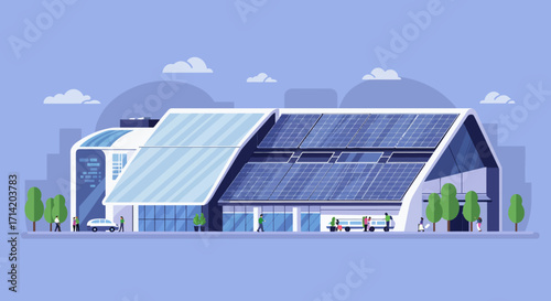 Modern eco-friendly building with solar panels in urban setting