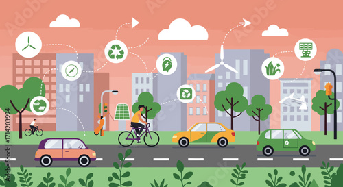 Urban sustainable living: eco-friendly cityscape with renewable energy and green transportation