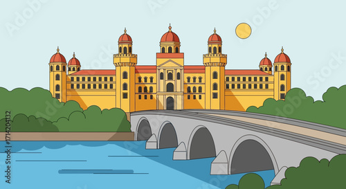 Ornate building with domes accessed by a stone bridge over water.