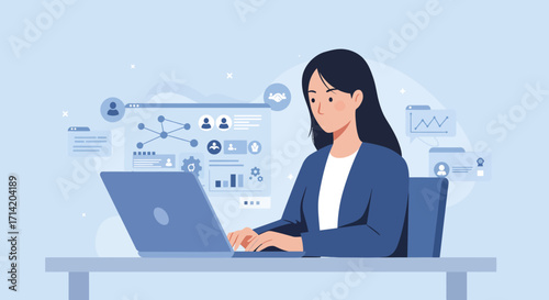 Woman working on laptop with data and analytics interface in background
