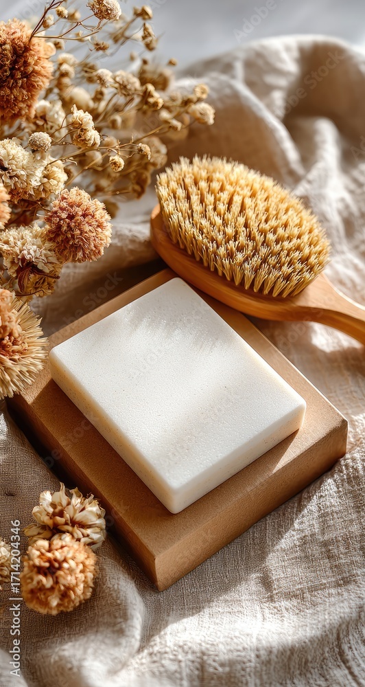 Fototapeta premium Beige soap bar on a stand, natural decor